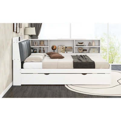Lit en bois avec lit gigogne, tablettes et tête de lit blanche - Option de rangement pour lit double pleine grandeur