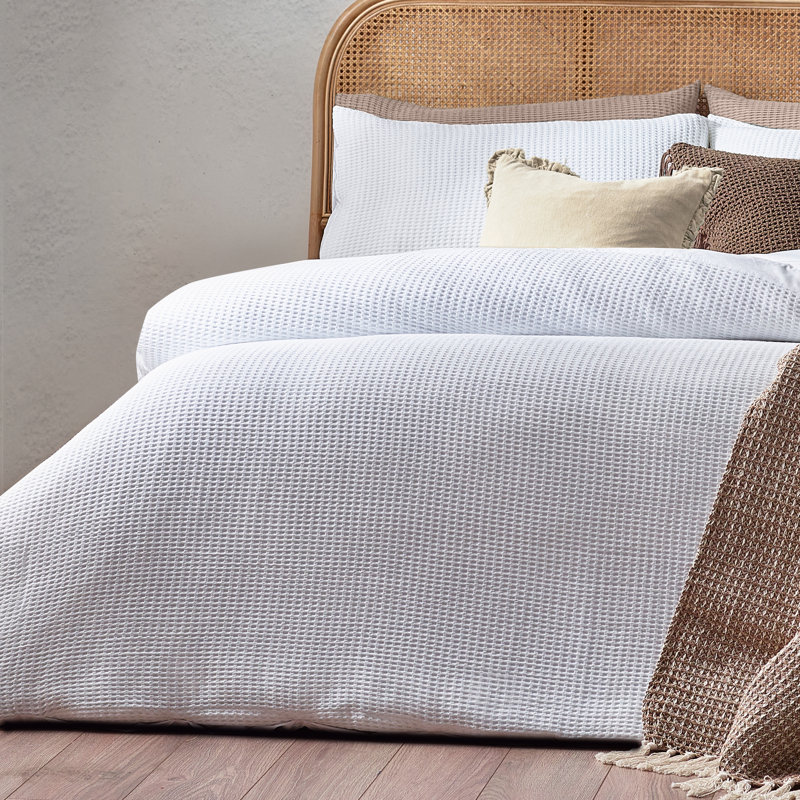 Chunky Waffle Cotton Solid Colour Duvet Cover Set with Pillowcases Included, Super King - 2 Standard Pillowcases, White