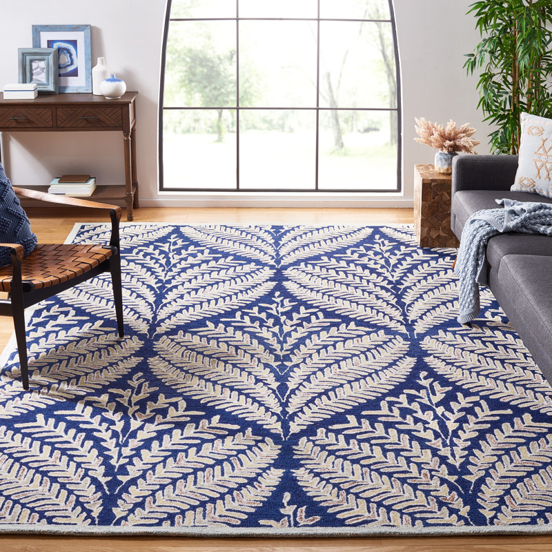 Arisdelsy Floral Handmade Tufted Wool Navy/Ivory Area Rug, Rectangle 8' x 10'
