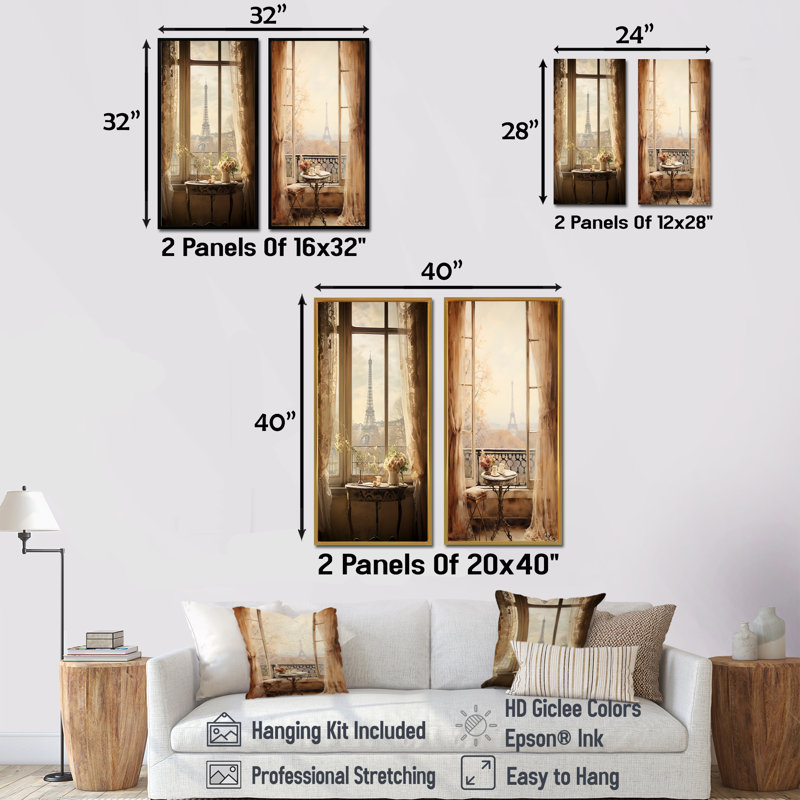 «Rustic Eiffel Tower Paris Window View I - Paris», ensemble de 2 reproductions d'art mural, Cadre flottant brun