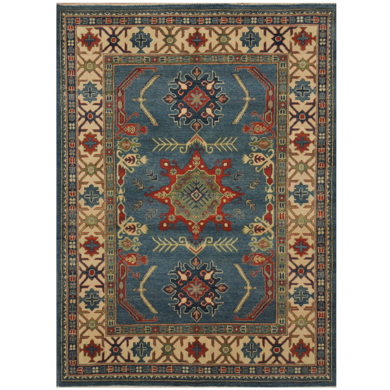Tapis zone en laine noué la kazak bleu/ivoire 5 pi x 7 pi one-of-kind Blaise