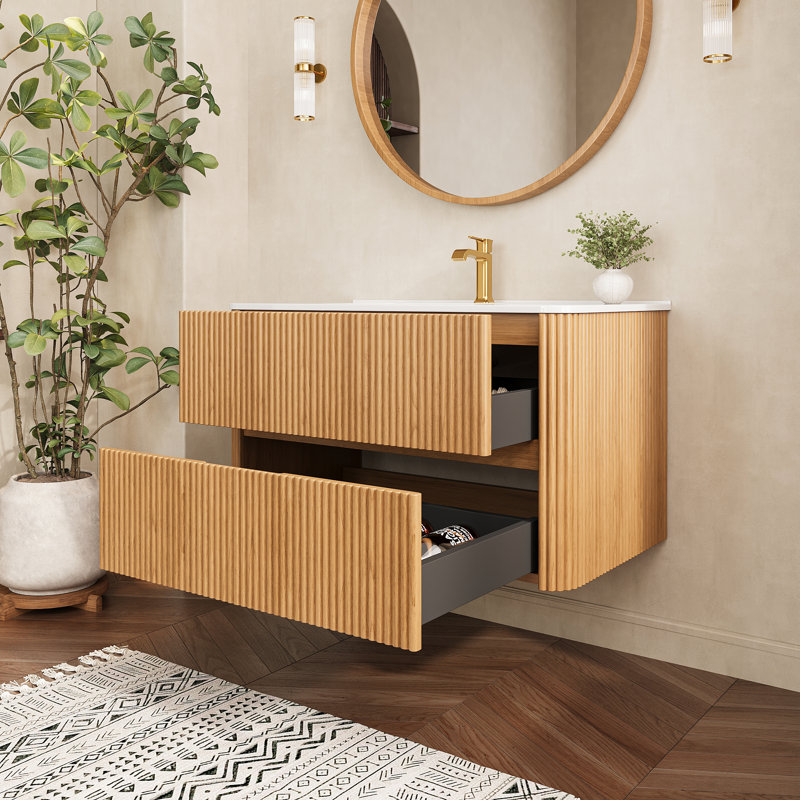 Meuble-lavabo flottant mural avec plateau entièrement assemblé, L 36 po x H 20,4 po x P 18 po, Chêne clair