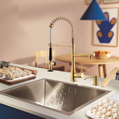 Double-Headed Single-Handle High-Pressure Kitchen Faucet, With Pull-Down Sprayer And Soap Dispenser.