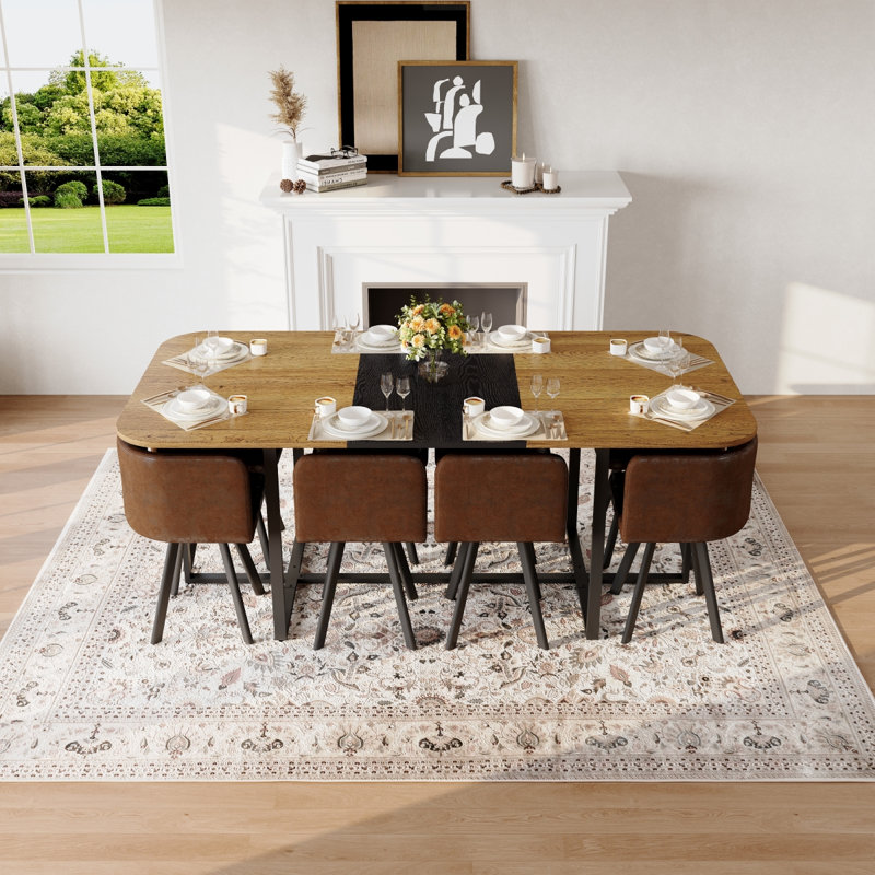 Ensemble de table de salle à manger 9 pièces 9 pièces, plateau de table en triamine grain de bois fixe et grain de bois noir avec 8 chaises en suède brun, ensemble de table de cuisine moderne pour 8 personnes, idéal pour les réunions de famille