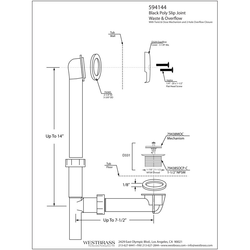 Tubular Twist and Close Bath Waste Leg Tub Drain with Overflow, Matte Black