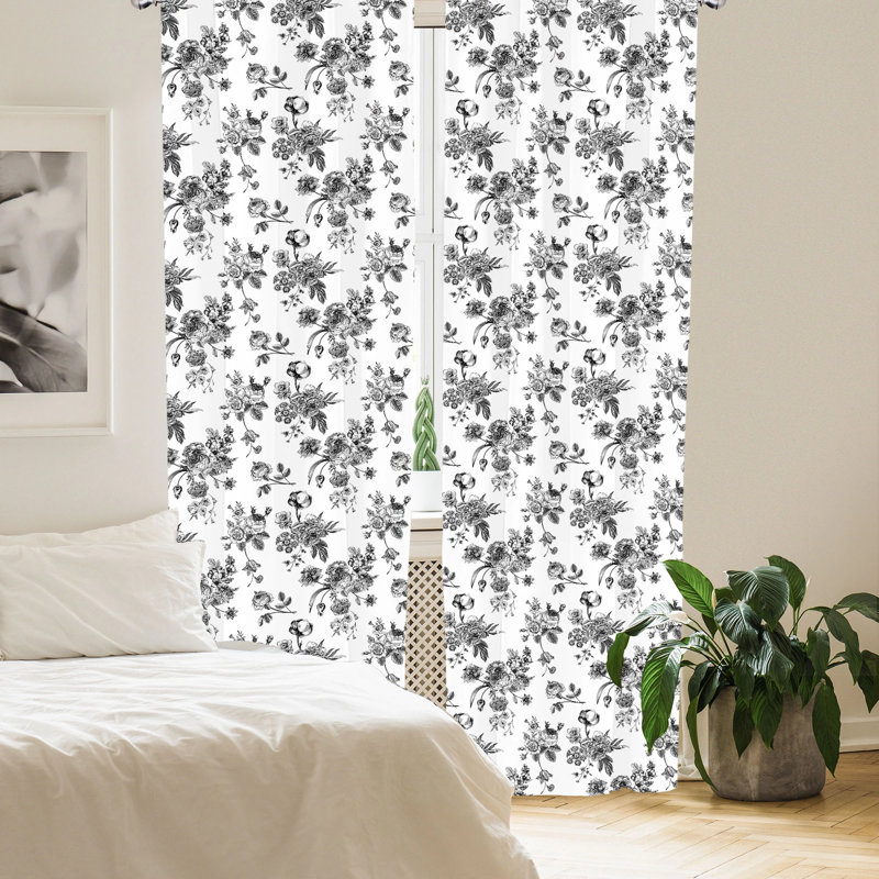 Vintage Floral Black and White Microfiber Curtain Set, 56" x 95"