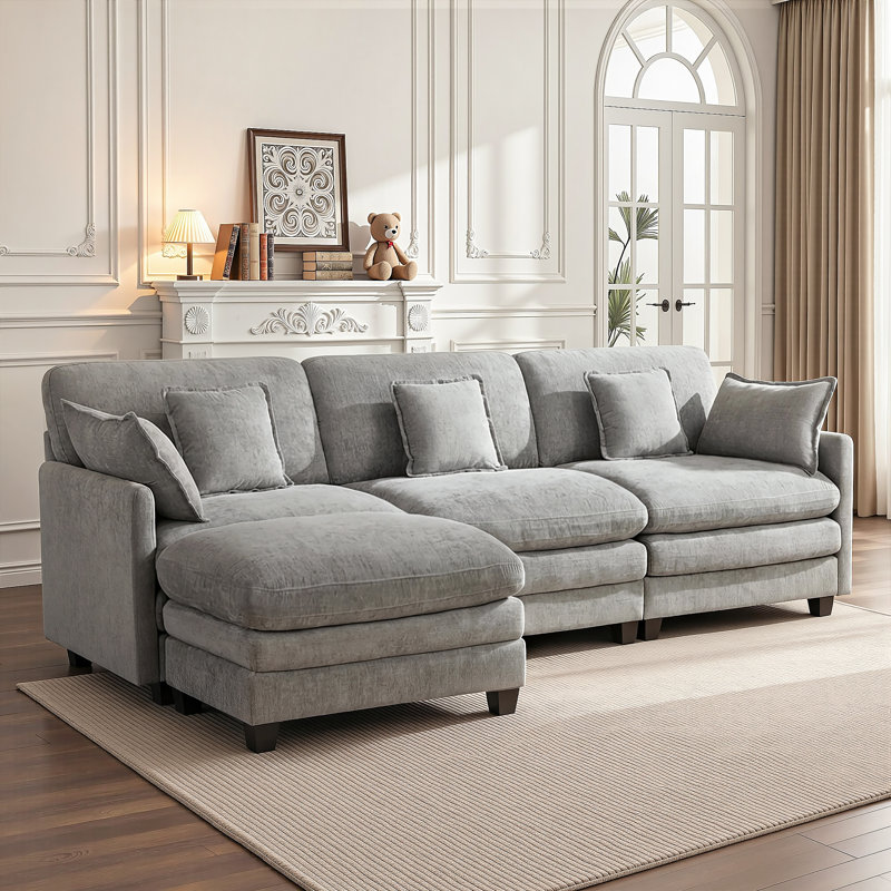 111.8" Modular Sectional Sofa, 3-Seat L Shaped Couch with Reversible Ottoman, Grey