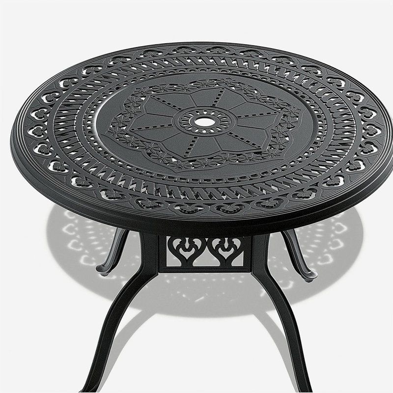 Table de salle à manger 39,37 pouces en fonte d'aluminium avec structure noire et trou pour parasol