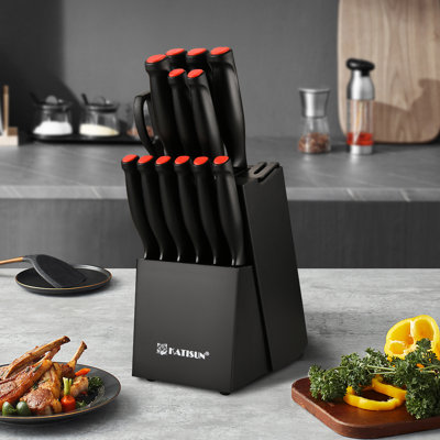 Bloc de 15 couteaux de cuisine en acier allemand à motif damassé