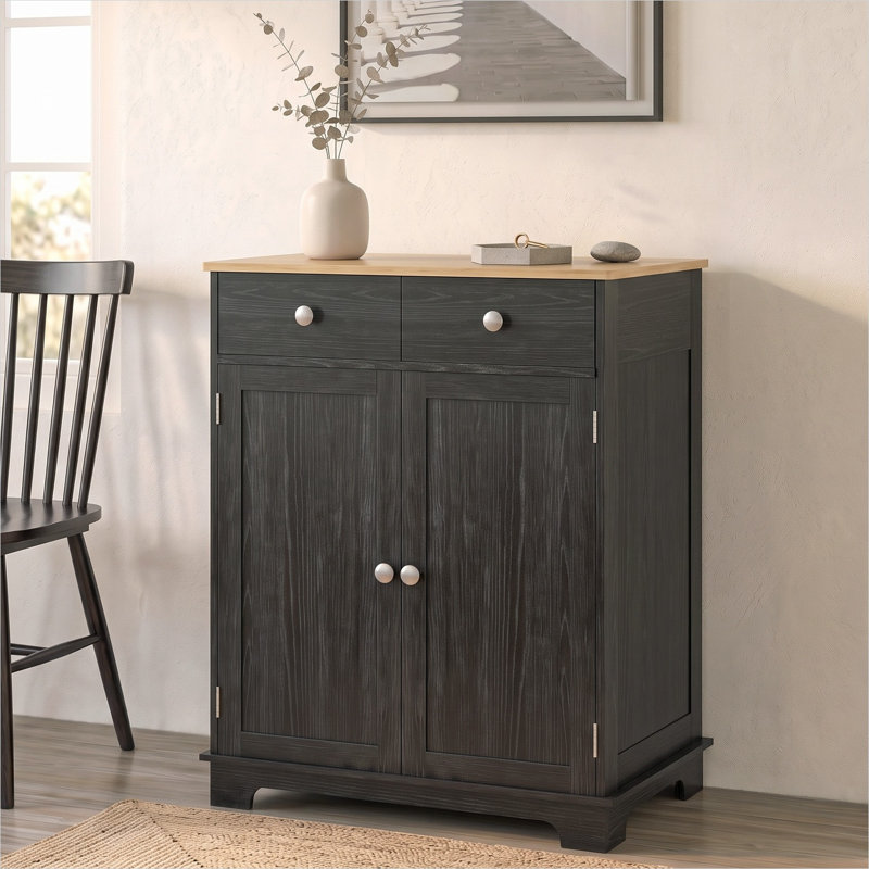 Buffet de rangement de cuisine - comptoir en bois massif, 2 tiroirs, portes, tablette réglable dans une armoire noire patinée avec comptoir moderne pour une utilisation polyvalente