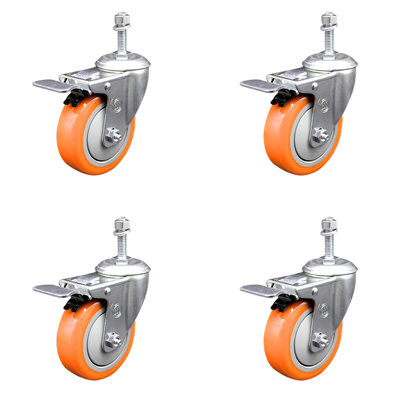 4 Inch 316SS Orange Polyurethane Wheel Swivel 3/8 Inch Stem Caster Set Lock Brake
