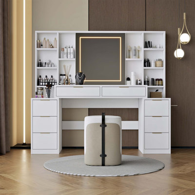 Large Makeup Vanity Desk With Adjustable LED Lights And Ample Storage, Perfect For Bedrooms And Stylish Organization