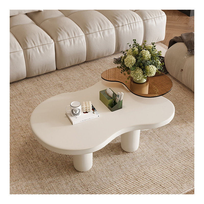 Ensemble de 2 tables basses gigognes 2 en 1 avec plateau en verre blanc crème
