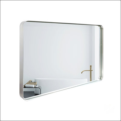 36X30inch Glossy Brushed Silver Rounded Corner Rectangle Wall Mirror For Bathroom Metal Frame Wall Mounted Bathroom Mirror Home Decor Corner Hangs Farmhouse Mirror