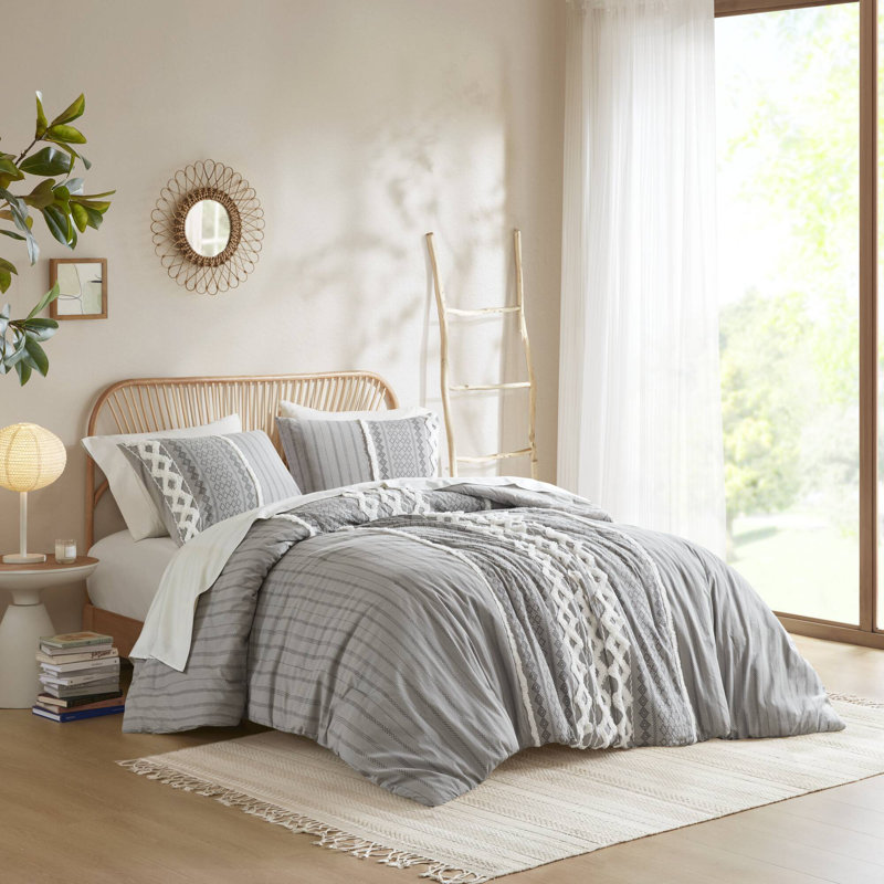 Ensemble d'édredon en coton Imani, Édredon double / grand + 2 taies décoratives sta, Gris