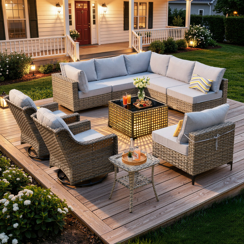 10- Piece Outdoor Patio Furniture Set, All - Weather Wicker Swivel Chairs with Thick Padded Cushions, Sectional Sofa, Coffee Table & Side Table for Garden, Backyard & Patio