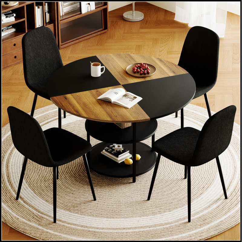 Ensemble de table de salle à manger circulaire moderne avec rangement double couche et quatre chaises rembourrées confortables pour la maison