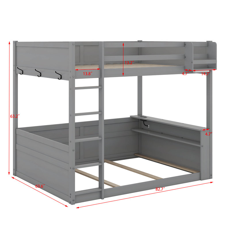 Queen Size Wooden Bunk Bed With Built-In Shelves, LED Light And USB Charging Station, Gray