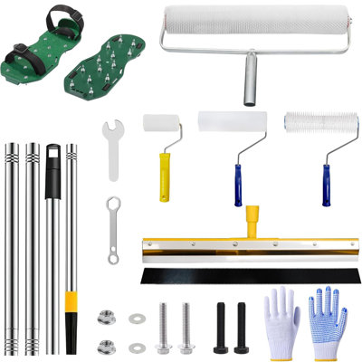 Ensemble de 26 outils pour la pose de planchers en béton autonivelants (modèle A), comprenant un rouleau à pointes, des chaussures à pointes, une raclette, des rallonges et des gants, le tout en acier inoxydable robuste.