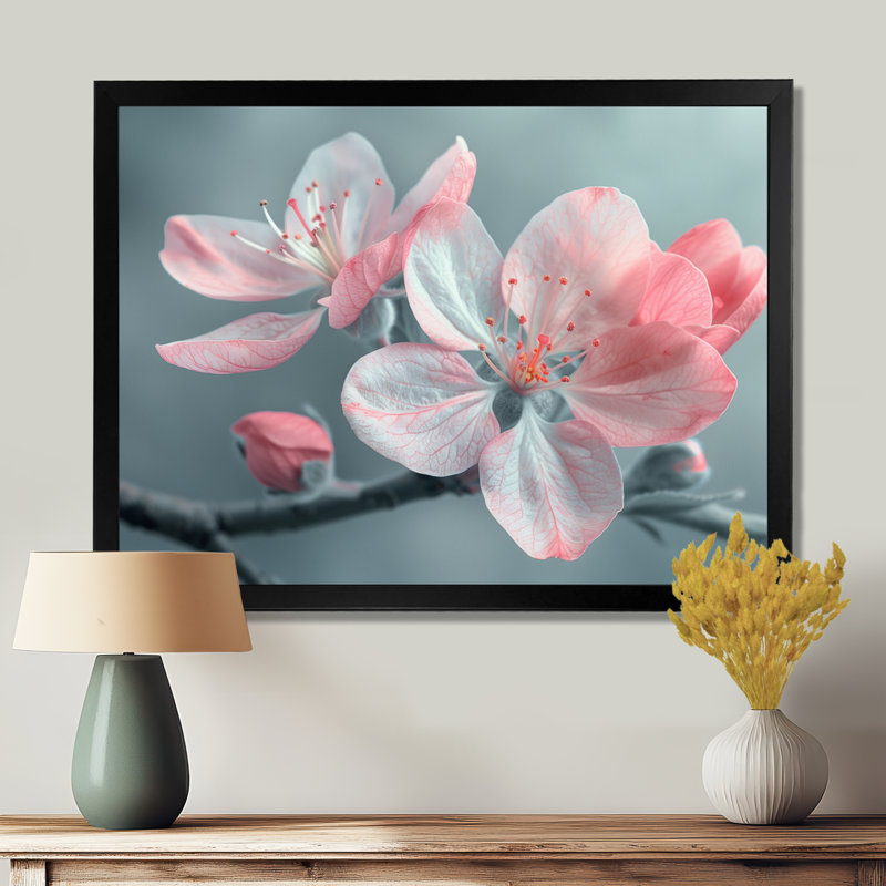 Éveil printanier rose en forme de fleur de pommier rose, H 16 po x l 32 po x P 1 po, Cadre simple noir