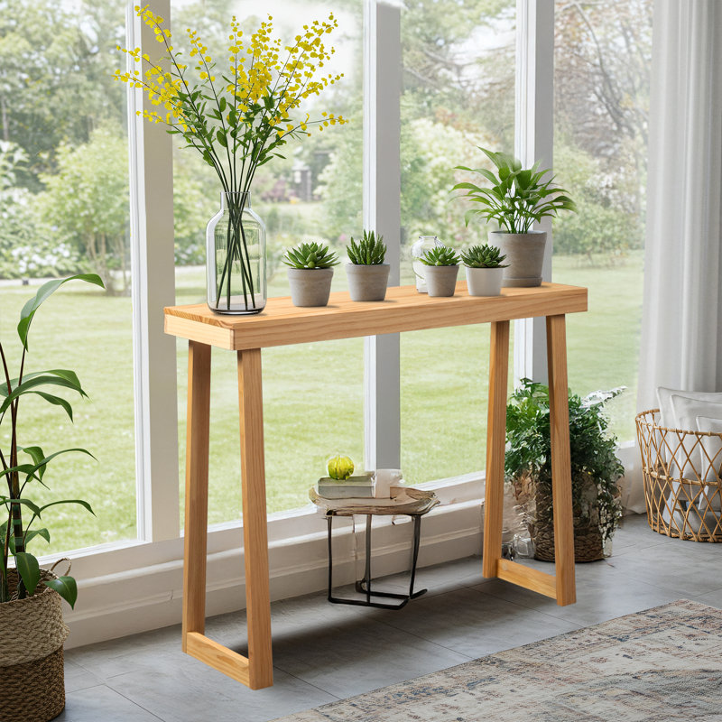 43.3" Solid Wood Trapezoidal Leg Narrow Console Table Enterway Table Wood Color, 31.9" H x 43.3" W x 12" D, Natural Wood/Gold