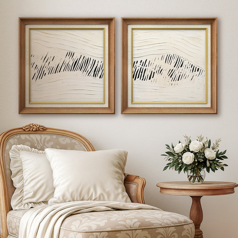 Crème neutre, vague organique, ligne contemporaine, encadrée, œuvre d'art de la chambre principale, 2 pièces