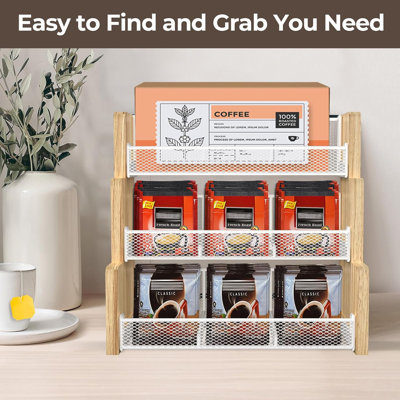Tea Bag Organizer 3 Tier Tea Storage, Solid Wood Tea Storage Chests For Kitchen, Office, Countertop, Cabinet Pantry, Tea Bag, Coffee, Sugar Packets, Creamers Holder ,White
