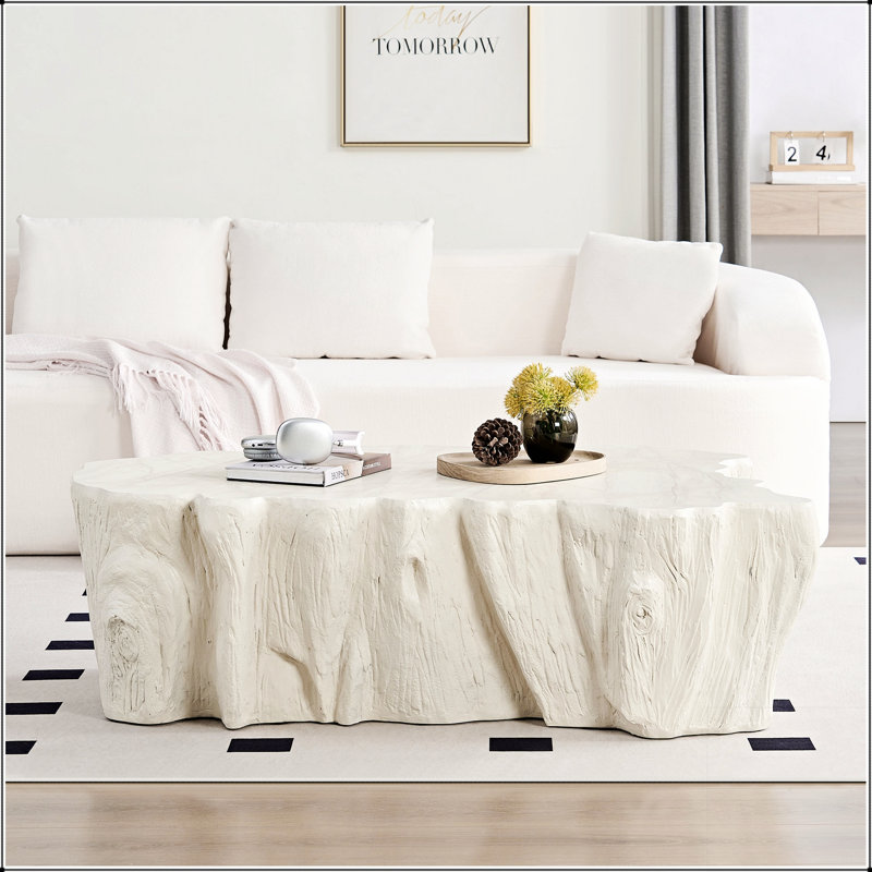 Table basse de 48,62 pouces de forme unique en fibre de verre pour les salons modernes, sans assemblage requis, durable et élégante