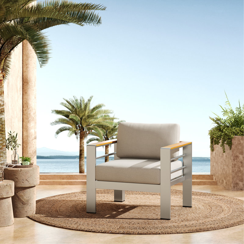 Fauteuil club d'extérieur en aluminium, structure argentée avec coussin beige, 1 pièce