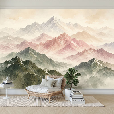 Papier peint adhésif superposé, paysage de montagne, aquarelle, Misty Peaks