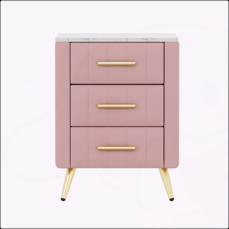 Table de chevet rembourrée en bois avec 3 tiroirs et pieds en métal, Rose