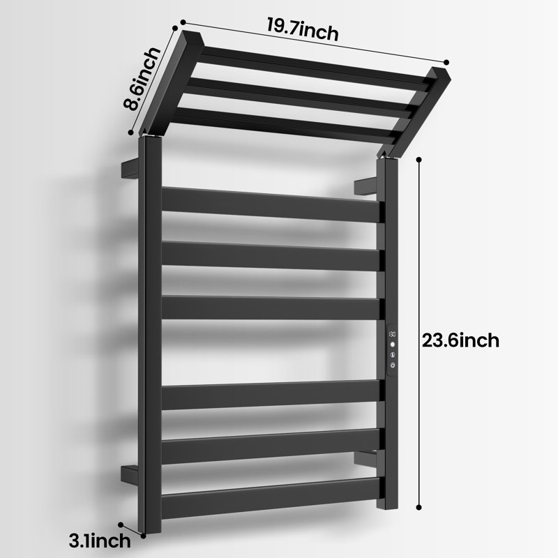 Porte-chauffe-serviettes mural avec tablette supérieure et contrôle de la température à 6 barres , Noir mat