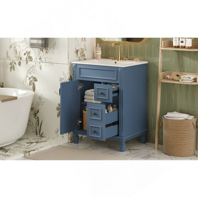 Meuble-lavabo 24 po avec lavabo en céramique, petite armoire de salle de bain, armoire moderne avec 2 tiroirs et tablette réglable