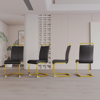 Chaises de salle à manger modernes, chaise d'appoint rembourrée en similicuir à haut dossier avec tube en forme de C. Pieds en métal plaqué or pour la salle à manger, cuisine, meuble-lavabo, chaise de bureau, club d'invités (ensemble de 4) (noir + polyuréthane)