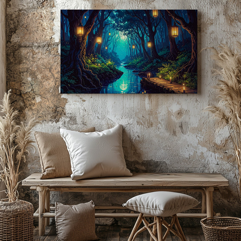 Art mural, lanterne de forêt enchantée, toile de ruisseau et chemin mystique, H 9 po x l 12 po