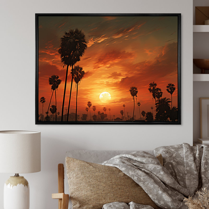 Coucher de soleil avec palmiers sur toile, H 12 po x l 20 po x P 1 po, Cadre flottant noir