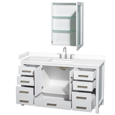 Sheffield 60 Inch Single Bathroom Vanity in White, White Cultured Marble Countertop, Undermount Square Sink (3-Hole), Brushed Chrome Trim, Medicine Cabinet