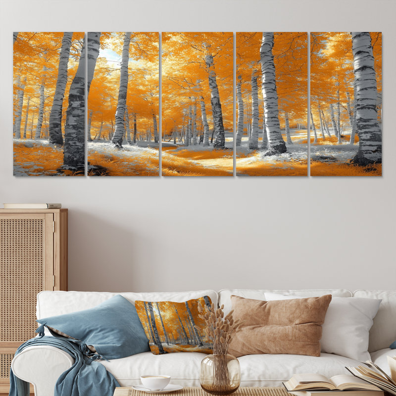 «Autumn Birch Trees Forest Path Panorama II», ensemble d'art mural forêt, H 28 po x l 60 po