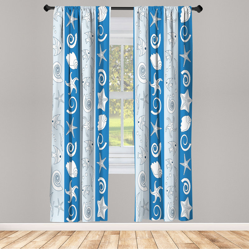 Ebern Designs Nautical Curtains, Sea Animals Shells Stripes, Pair of 28", Azure Blue, 28" W x 95" L