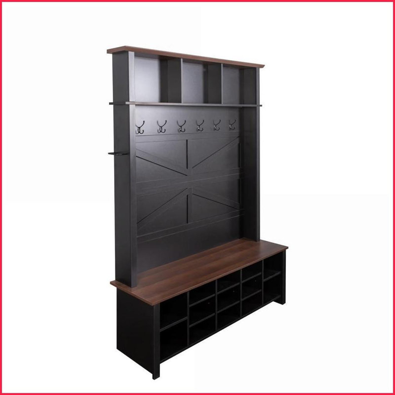 Farmhouse 4-in-1 Hall Tree with 6 Hooks &amp; Adjustable Shelves | 16 Compartments | Black | Particle Board+MDF, Black