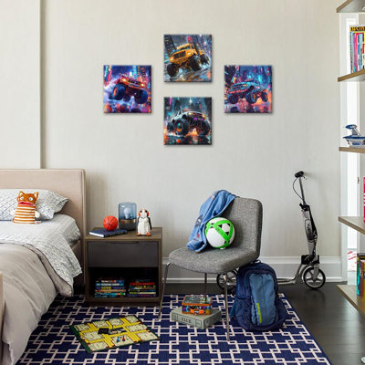 Monster The Truck Room Decor - Watercolor Cool Truck Canvas Wall Art Cartoon Car Posters Painting Prints For Playroom Bedroom Framed Ready To Hang 12"×12"×4