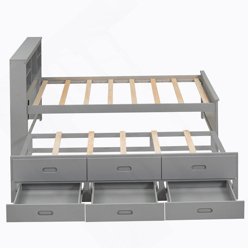 Lit plateforme avec tête de lit, USB, lit gigogne et 3 tiroirs, gris