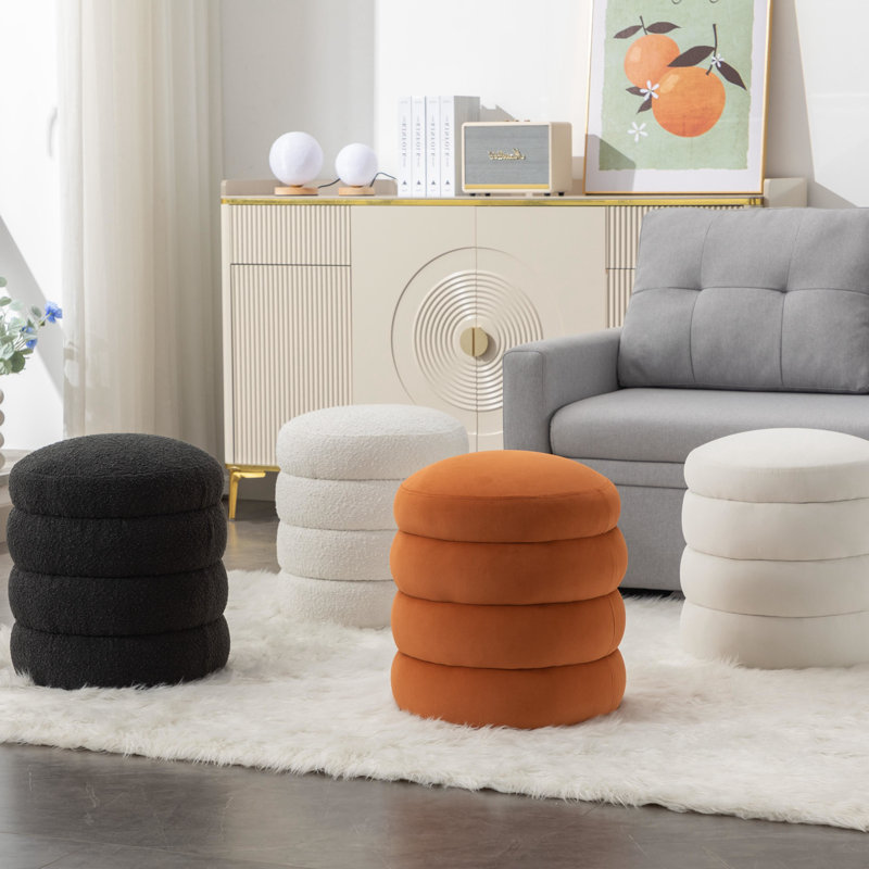 Repose-pieds rond Hasset, repose-pieds rond doux, repose-pieds, Velours blanc