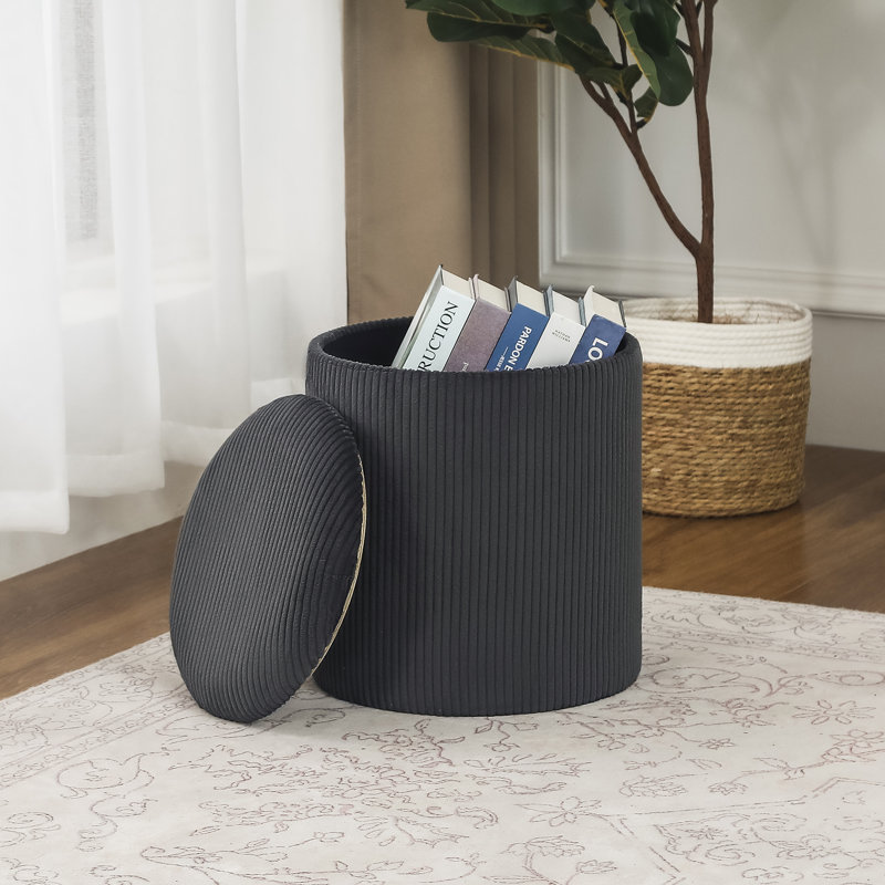 16.9 Inches Height Upholstered Round Storage Ottoman, Dark Gray Corduroy