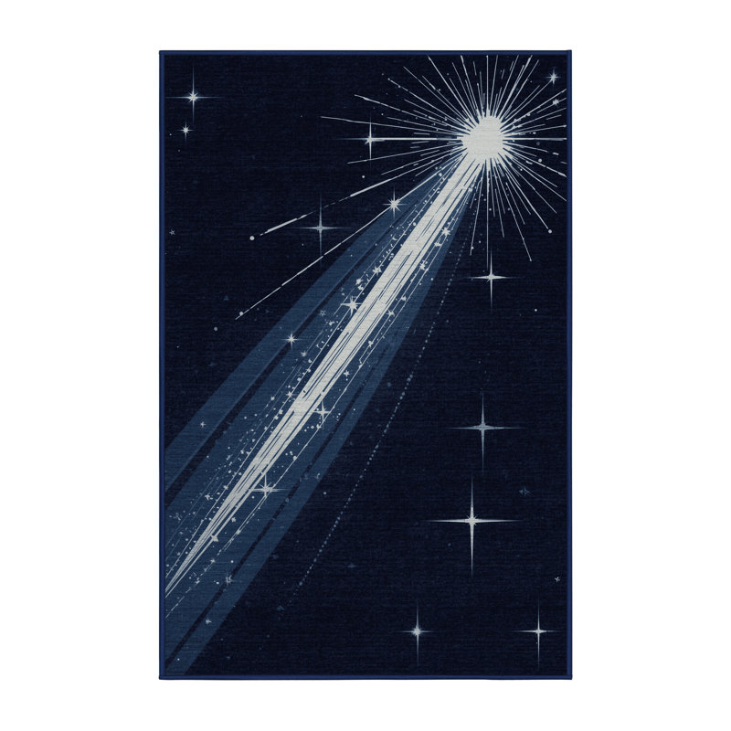 Machine Washable Orys Modern & Contemporary Starburst Rug in Blue – Navy Binding, 5 x 8