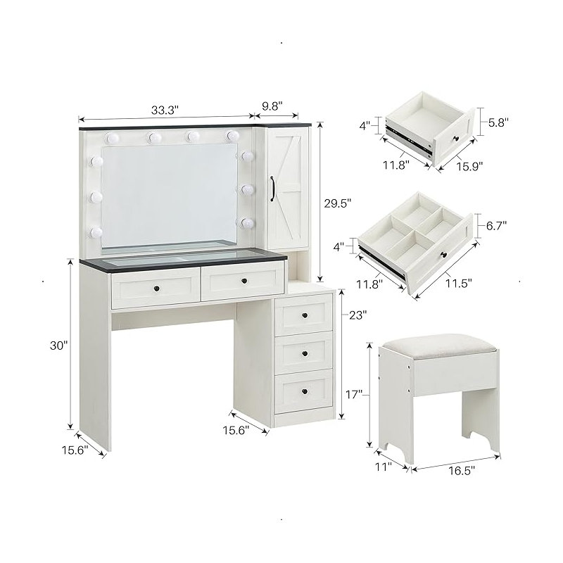 Narvis 43" Makeup Vanity Desk with LED Lighted Mirror & Power Outlet & 5 Drawers, Vanity Set with Stool, White