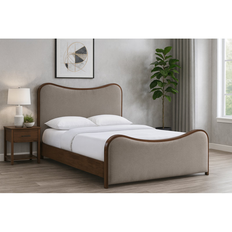 Lit tapissier Arvada, Double, Tissu texture lin brun / brossé noyer