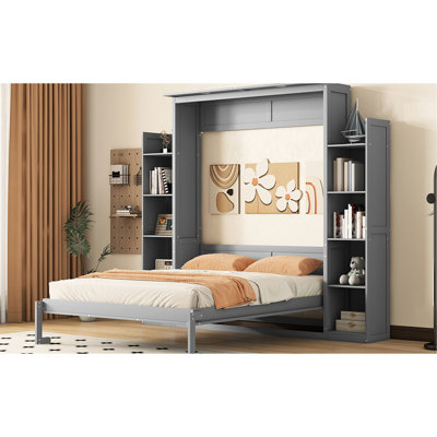 Hokku Designs Bed. Space Saving Shelves And Led Lights. For Home Office, Guestroom, Gym. Foldable Cabinet Bed. Made Of Plywood. Fits 8-inch Mattress. Easy To Up Wit