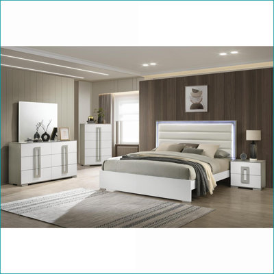 Ensemble de chambre à coucher, 5 pièces double contemporain avec tête de lit à DEL en bois blanc neige | Lits standard | Bois