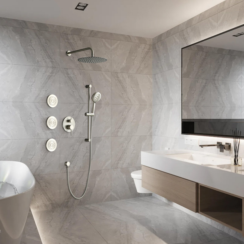 Système de douche avec 3 jets de corps, ensemble de douche à pluie à fixation murale 12 po et douchette à main, Nickel brossé